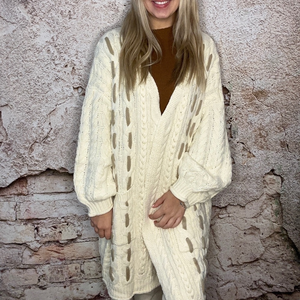 Cable Knit Balloon Sleeve Open Cardigan NWT